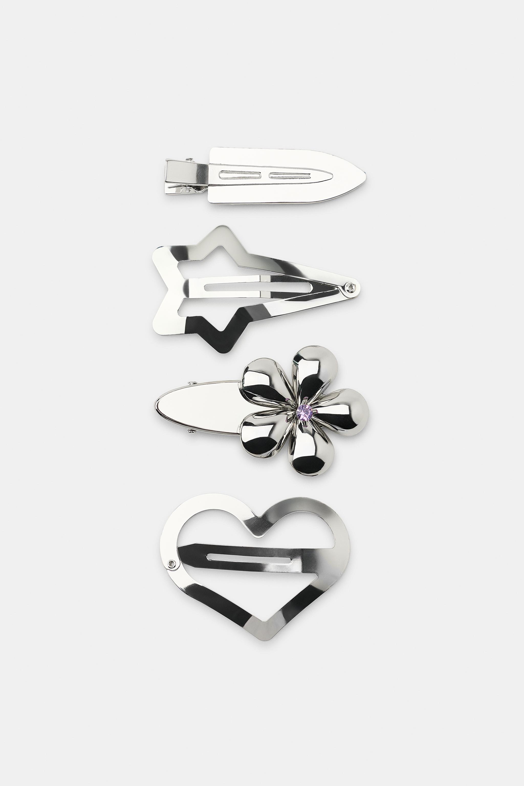LOT DE 4 PINCES MÉTALLIQUES FLEUR ET CŒUR